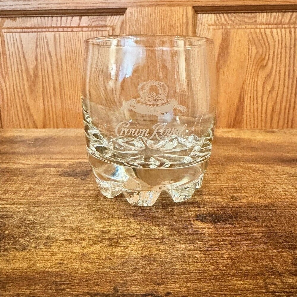 Crown Royal Etched Rocks Glass Lowball Tumbler Heavy Base Crown Logo